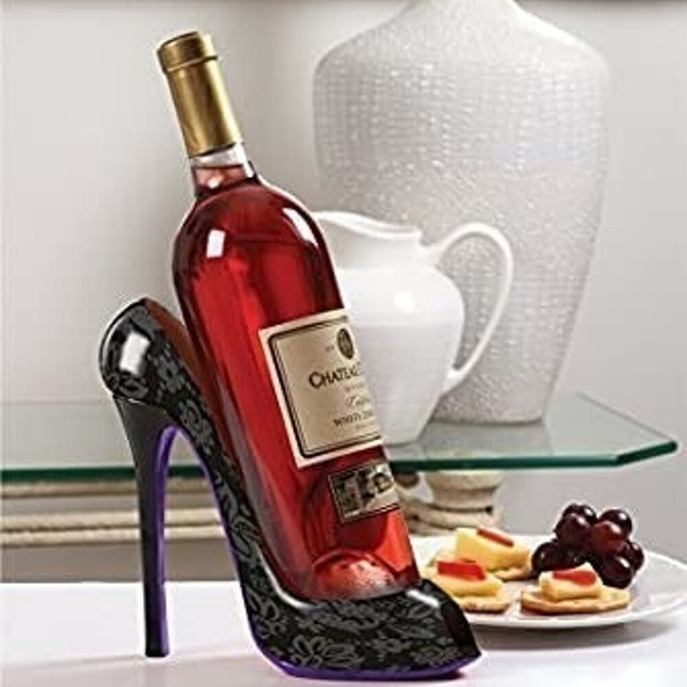 Stylish High Heel Shoe Wine Bottle Holder - Black Design Print